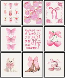 9 count Pink Bows Canvas Wall Art Trendy  Bow Cute  Wall Decor Pictures Disco Ball Preppy Girly Boots Posters Prints for Bathroom Gallery Dorm Living Bedroom Decoration Unframed (Pink Bows, 12x16inx9pcs)