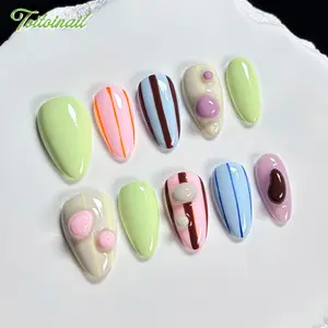 Bean Stripe Handmade Press-On Nails | Short Almond Shape, 10pcs | Pastel Color Block 3D Bead Stripe | Summer Dopamine Aesthetic | For Daily, Picnic, School, Vacation, OOTD | High Gloss, Long Lasting, Reusable, Handmade DIY Nail Art | Salon Quality Nails