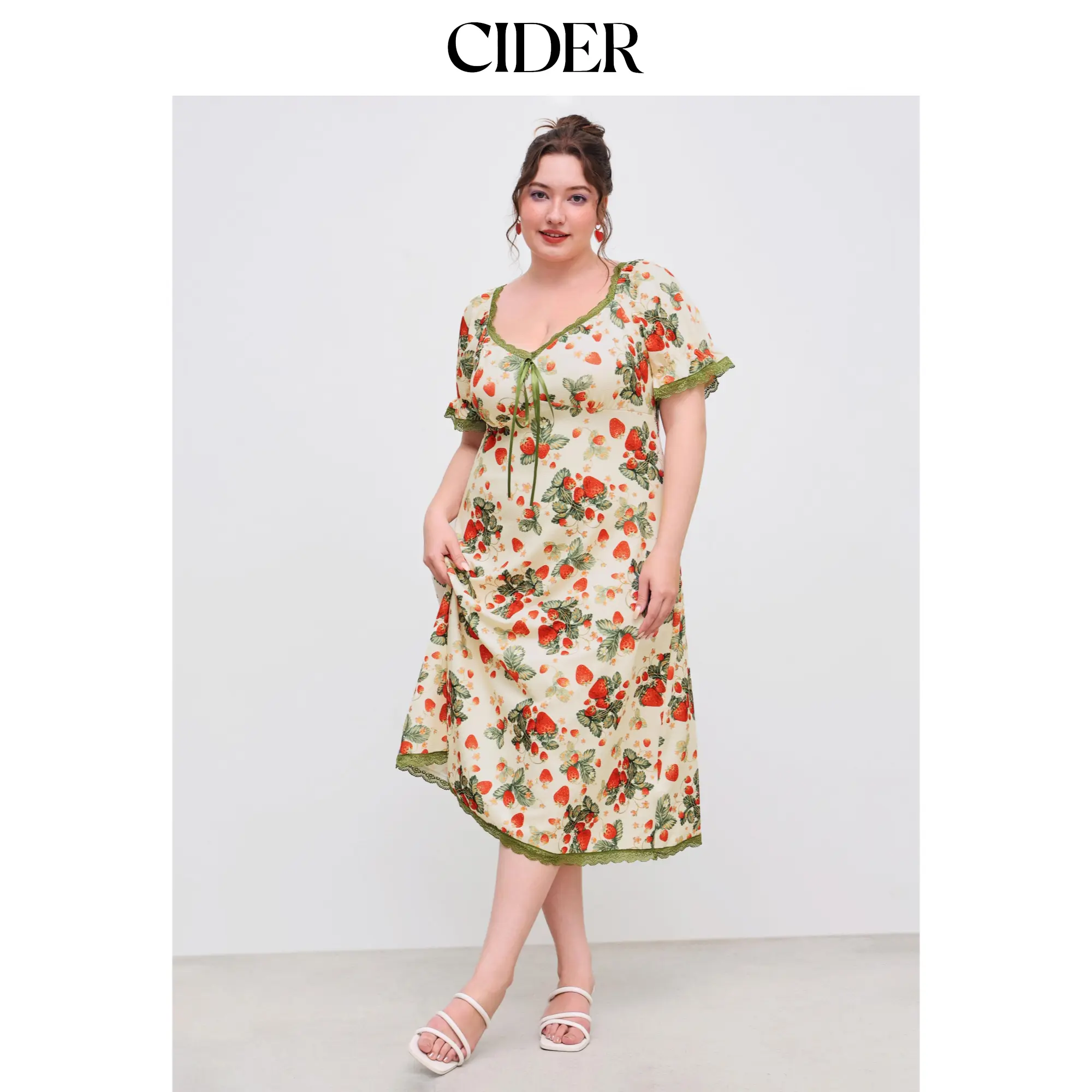 Cider [5 colors, size 0-26] Square Neck Strawberry Graphic Contrasting Lace Trim Midi Dress Curve & Plus, Casual Wear, Floral, Bodycon