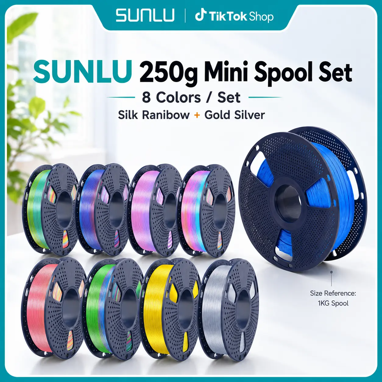 SUNLU 0.25KG*8 Rolls 3D Printer Filament Bundle | Silk PLA+ Rainbow 0.25KG*8 Rolls Filament Multicolor | Fast Color Change Each 8 Meters, Individually Vacuum Packed, 0.25KG Spool, 8 Rolls, 2kg Total, 6 Silk Rainbow+Light Gold+Silver