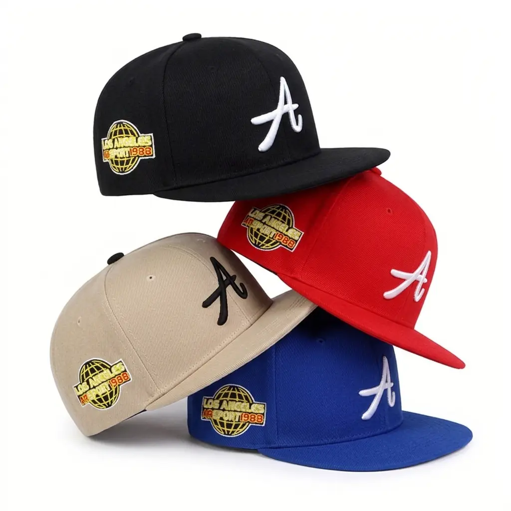 4-Pack Unisex Vintage Letter A 3D Embroidered Baseball Cap Bundle, Los Angeles 1988 Globe Patch Flat Brim Snapback Hats, Mixed Colors Streetwear Hip Hop Trucker Hats