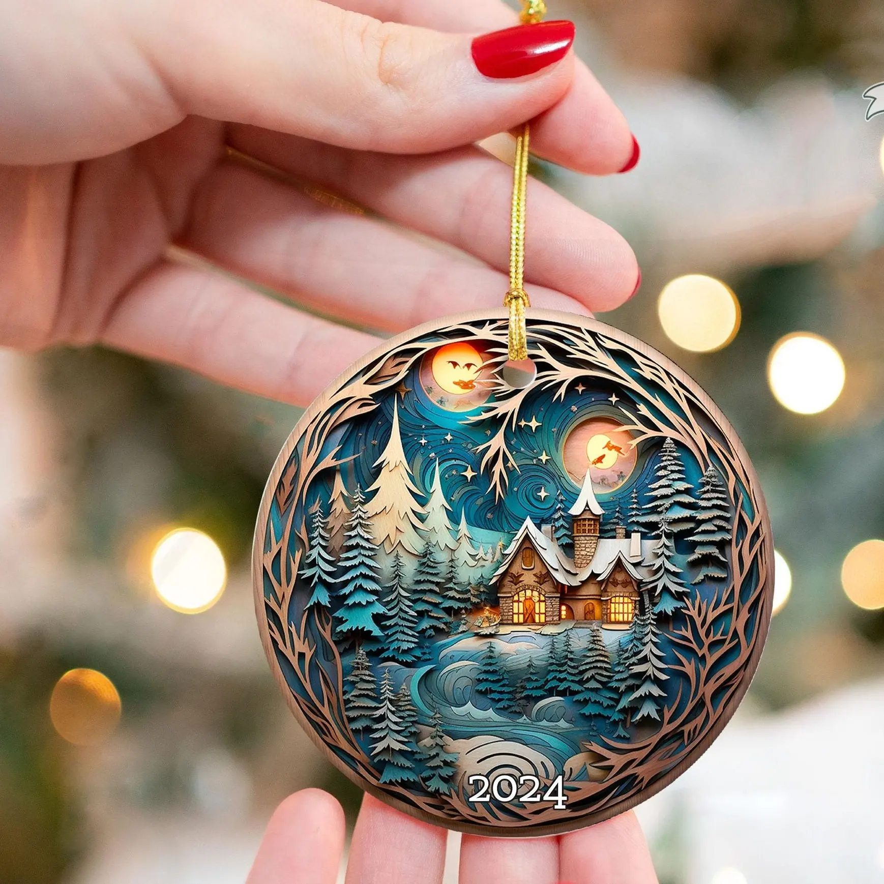 Stained Glass Ornament, 2024 Christmas Ornament, Holiday Gift Idea, Heirloom Keepsake, Round Ceramic, Bauble Present, Unique Ornament Decoration Oval