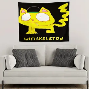 Tapestry Humorous Wifi Skeleton For Halloween Featuring A Catastrophic Cat Design On A Black Backdrop - Easy To Hang Wall Decor Suitable For Living Rooms, Bedrooms, Offices, And Parties - No Power Required For Home Decoration