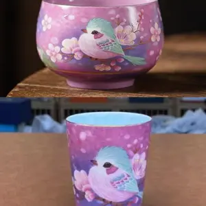 A108 2 pcs purple “Fat Bird” enamel gaiwan ceramic kung fu tea set, high-temperature underglaze household tea bowl Drinkware Reusable