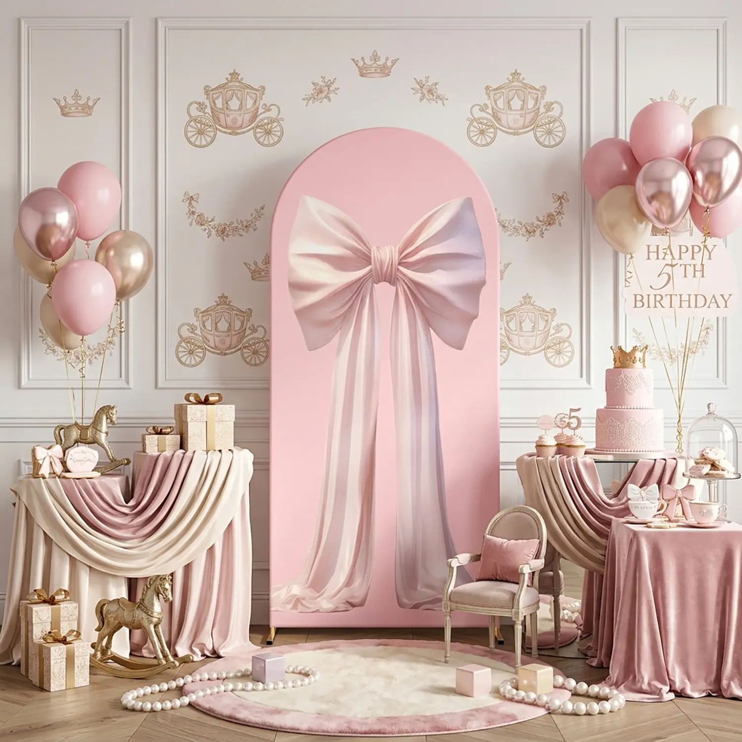 Pink Bow Birthday Party Arch Cover Girly Floral Ribbon Design Stretch Fabric Arch Cover for Girls Birthday Photo Booth Event Decor 3.3ft x 6.6ft