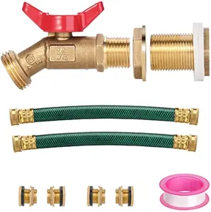 WADEO Rain Barrel Spigot, Brass Rain Barrel Quarter Turn Ball Valve Spigot with Bulkhead Fitting-Rain Barrel Connector Kit, with Two 12 Inch Hoses and Four Brass Bulkhead Tank Fittings