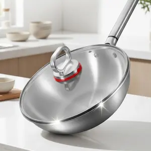 Healthy Non-Coated 3-Ply Stainless Steel Wok, Home Kitchen Non Stick Cooking Wok Pan Suitable for All Types of Stoves, Nonstick Wok
