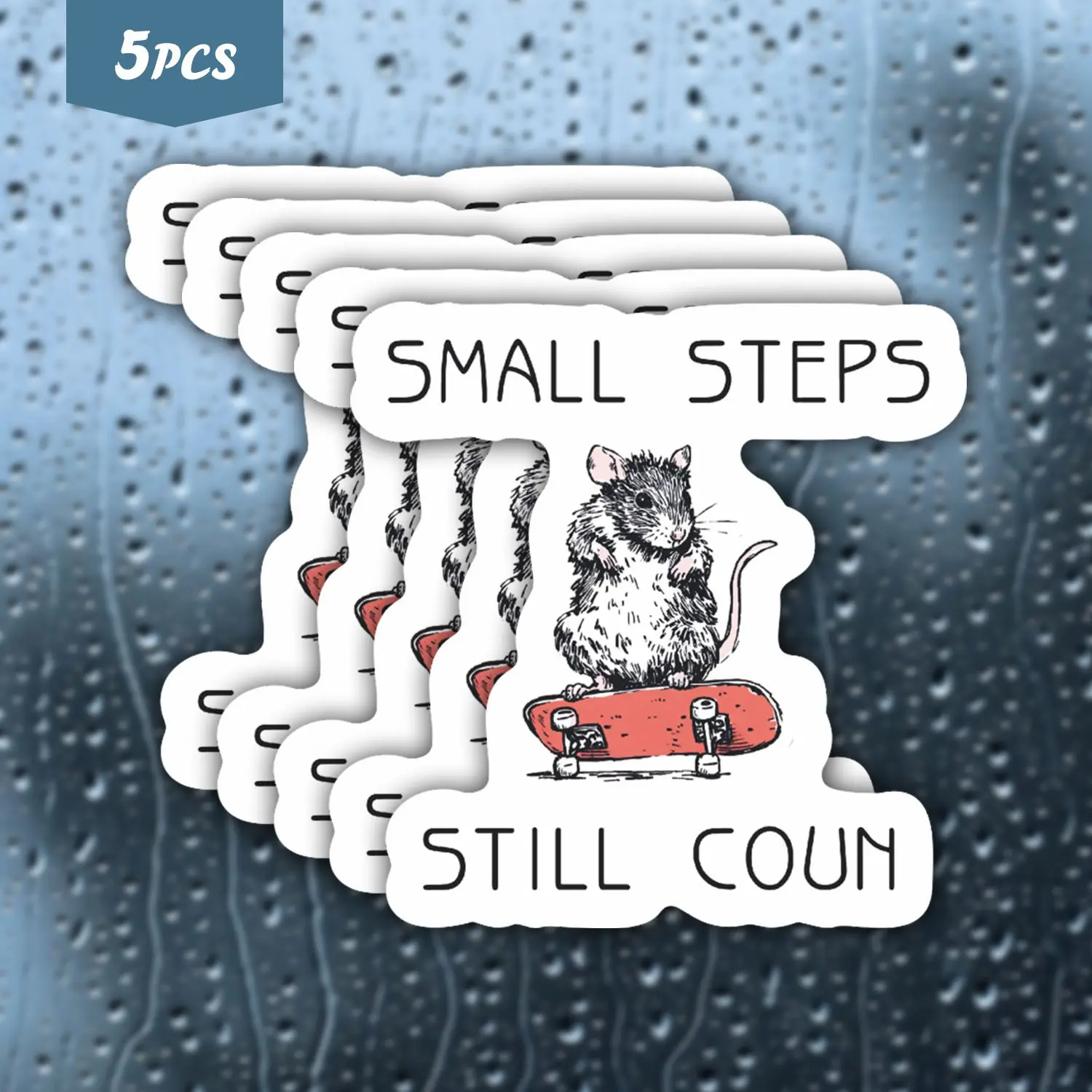 5Pcs Skater Rat "Small Steps Still Count" Waterproof Vinyl Sticker, Self-Adhesive Decal, Suitable For Water Bottles, Laptops, Cars, Tablets, Ideal For Progress Seekers, Motivational Fans And Animal Lovers