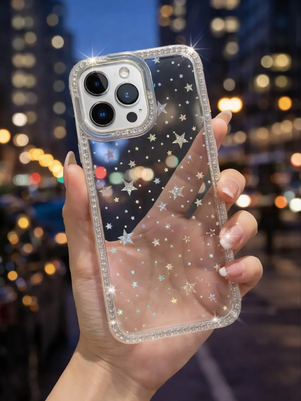 Clear Star Glitter Case with Rhinestone Border for iPhone 17 Pro Max/16/15/14/13/12/11, Slim Protective Cute Cover