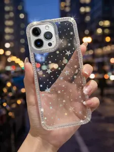 Clear Star Glitter Case with Rhinestone Border for iPhone 17 Pro Max/16/15/14/13/12/11, Slim Protective Cute Cover