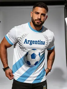 Argentina Football Glory Theme 3D Print Men's Short Sleeve T-Shirt, Blue Plaid Crown Design, Casual Long Sleeve Tee
