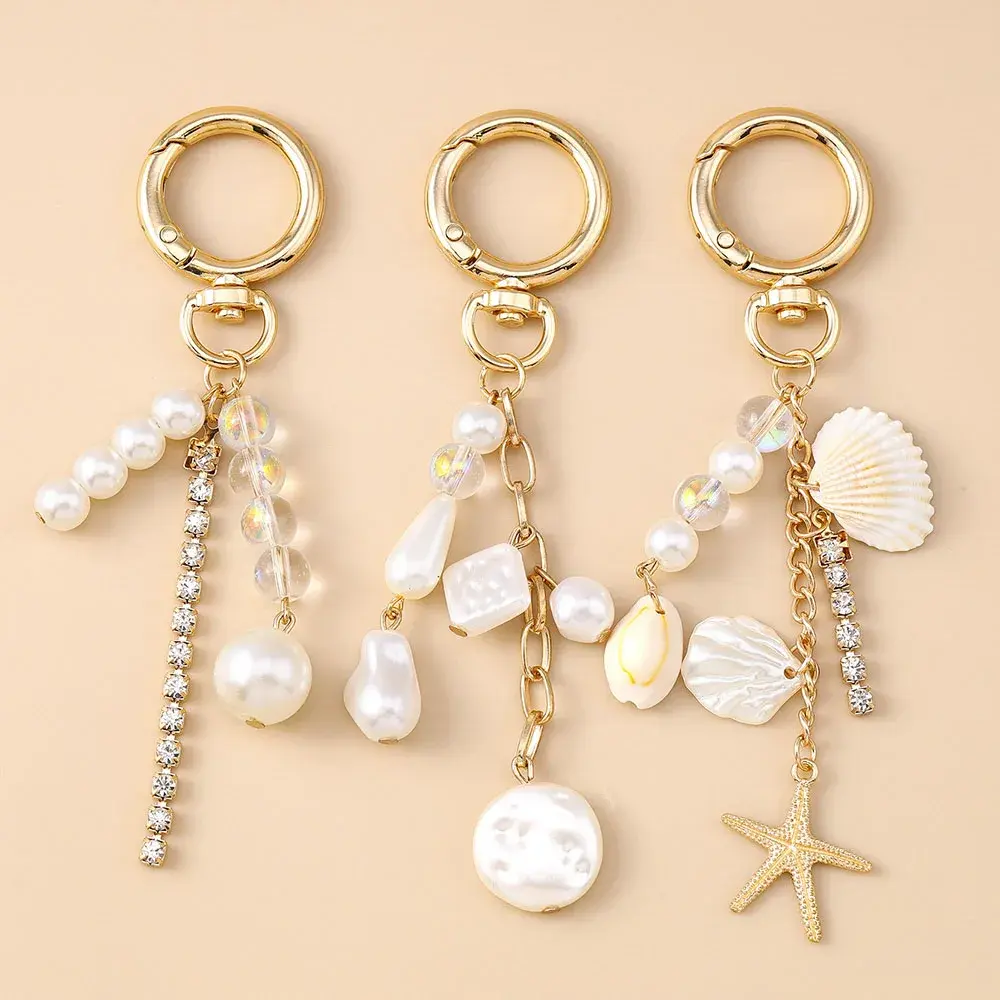 Aihua Fashion Y2K Gold Colors Cute Starfish Pearls Conch Shell Keychain Key Rings for Men Women Handbag Pendants DIY Jewelry Gift