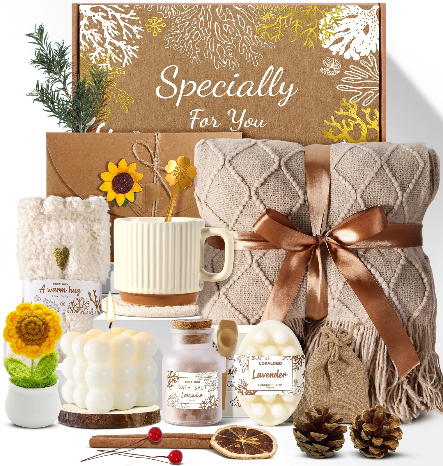 Coralogo 11PCS Luxury Scented Sunflower-Infused Calming Self Care Bundle Box - Body Care Spa Gift Basket with Towels, Home & Bathroom Supplies, Gifts for Women (Valentine's Day/Mother's Day)