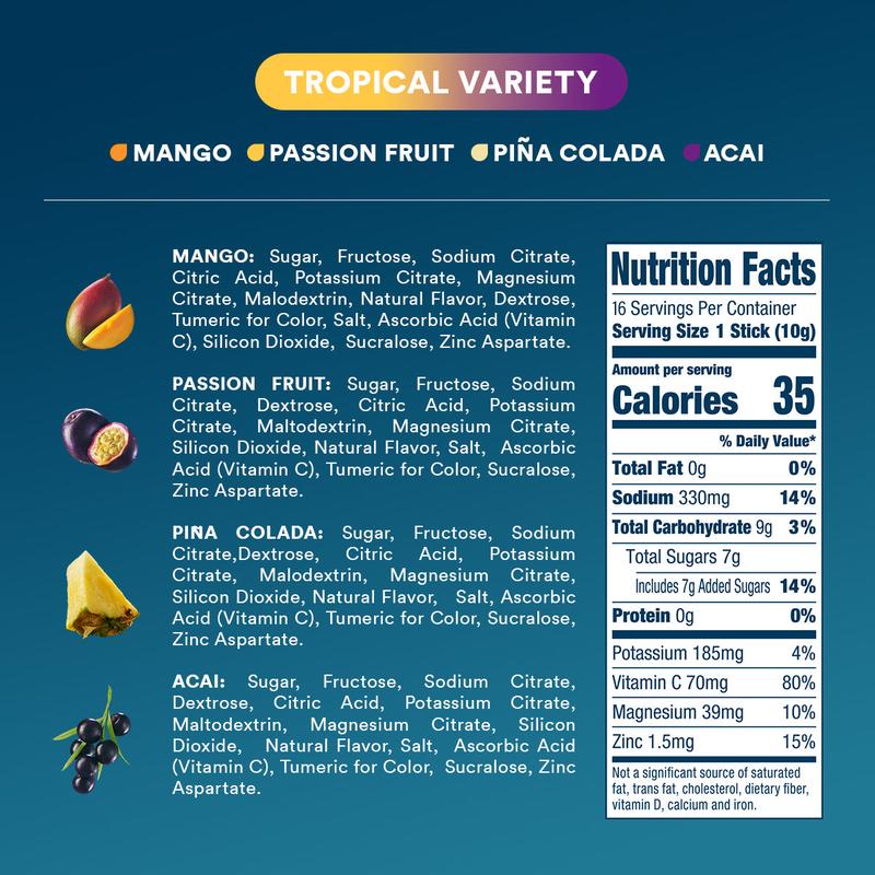 DripDrop Tropical Variety Pack Electrolyte Powder, 8 oz sticks, 16 count