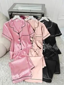 Women's Contrast Binding Lapel Shirt & Elastic Waist Pants Satin Pyjama Set, Casual Comfy Short Sleeve Pocket Button Up Top & Elastic Waist Long Trousers PJ Set, Ladies Sleepwear for All Seasons, Pajama Set