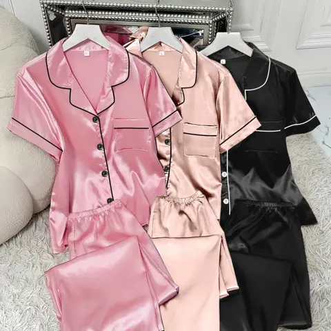 Women's Contrast Binding Lapel Shirt & Elastic Waist Pants Satin Pyjama Set, Casual Comfy Fit Short Sleeve Pocket Button Up Top & Elastic Waist Long Trousers PJ Set, Ladies Sleepwear for All Seasons, Loungewear, Homewear, Pajamas