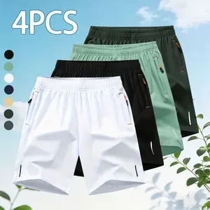 Pack of 4 men’s  shorts: solid color drawstring pocket outdoor casual men’s clothing; -waist pocket sports sweatpants for everyday wear.  breathable fabric with a cool, refreshing feel comfortable for running  Quick-Dry Elastic Athletic  Set summer  loose