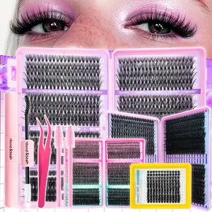 DIY Eyelash Extension Kit - Individual Lash Extensions, Mixed Lengths 8-16mm, 30D-100D Clusters, Cat Eye Styles, Thick & Natural Look, Includes Bond & Seal Glues, Tweezers, Beginner-Friendly, 0.07mm Thickness, D Curl, For Home Application