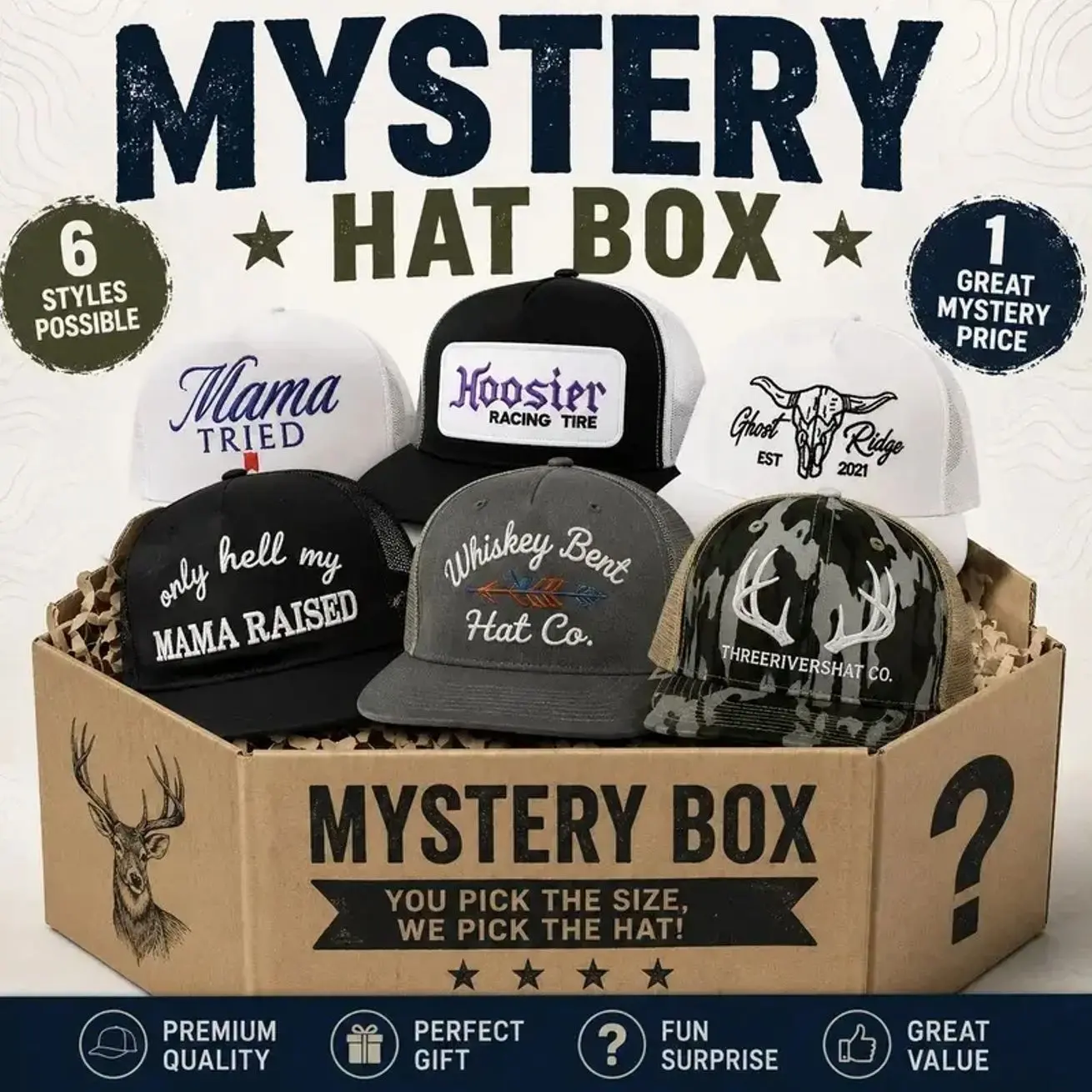 Mystery One Hunting 7 Panel Hat Sent, Random Trucker Hat Surprise, Embroidered Snapback Cap Mystery Pack, Hunting Western Outdoor Hat Gift for Men WYQ8IJ
