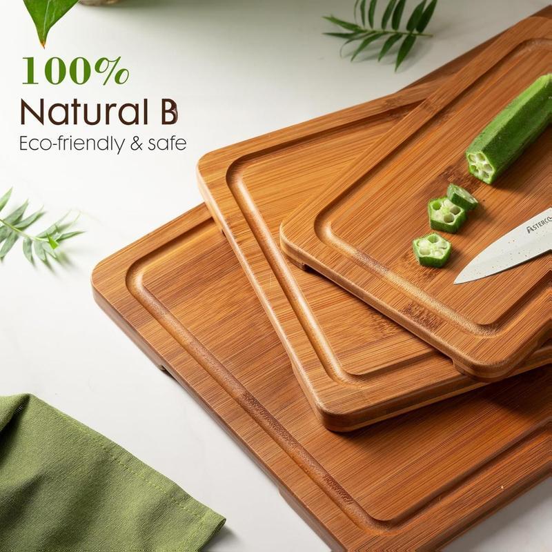 Azedele 3-Piece Set Bamboo Cutting Board for Kitchen - Crack-Resistant Wood Chopping Boards with Deep Juice Grooves, Pre-Oiled Butcher Block for Meat, Vegetables & Cheese, Carbonized,Eco-Friendly