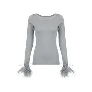Grey Knit Top With Detachable Feather Cuffs