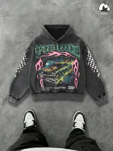 Unisex Street Style Vintage Racing Culture Hoodie, Fitted Flame Print Cotton Sweatshirt, Chessboard Sleeve Patch, Y2K Fashion, Aesthetic, Checkerboard, Men's Gift