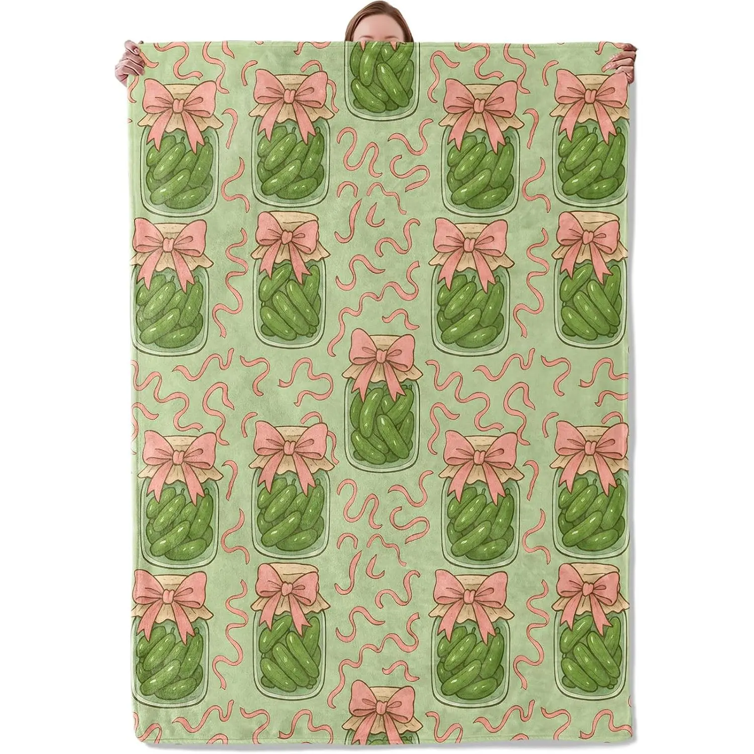 Funny Pickle Flannel Throw Blanket - Christmas Thanksgiving Gift for Women, Soft Warm Lightweight, Cute Pickle Jar with Pink Bow Design, Multi-Size Option (50"x60" Included), for Grandparents' Bedroom Sofa Home Decor, Living Room Decor