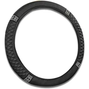 Bling  Steering Wheel Cover, 15 Inch Rhinestones Soft Leather Elastic Steering Wheel Protector, PU Soft Leather with  , Sparkly   for Women Girls (Black)