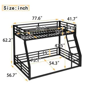 Metal Bunk Bed, Floor Bunk Bed Frame,Heavy-Duty Bunk Bed for , Teens, Adults, Noise-reduced Design, Black