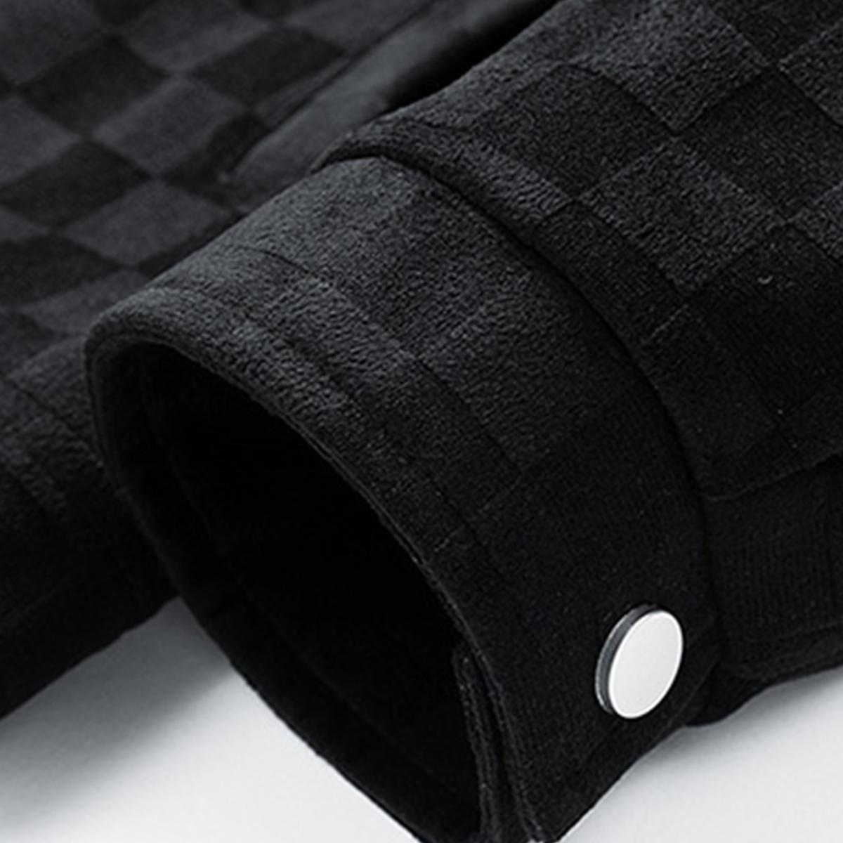 New Men's Black Printed Suede Jacket with Front Flap Pockets and Button Closure - Perfect for Fall Wear Stylish and Practical Outerwear Aesthetic Design Men's Fashion Outfit