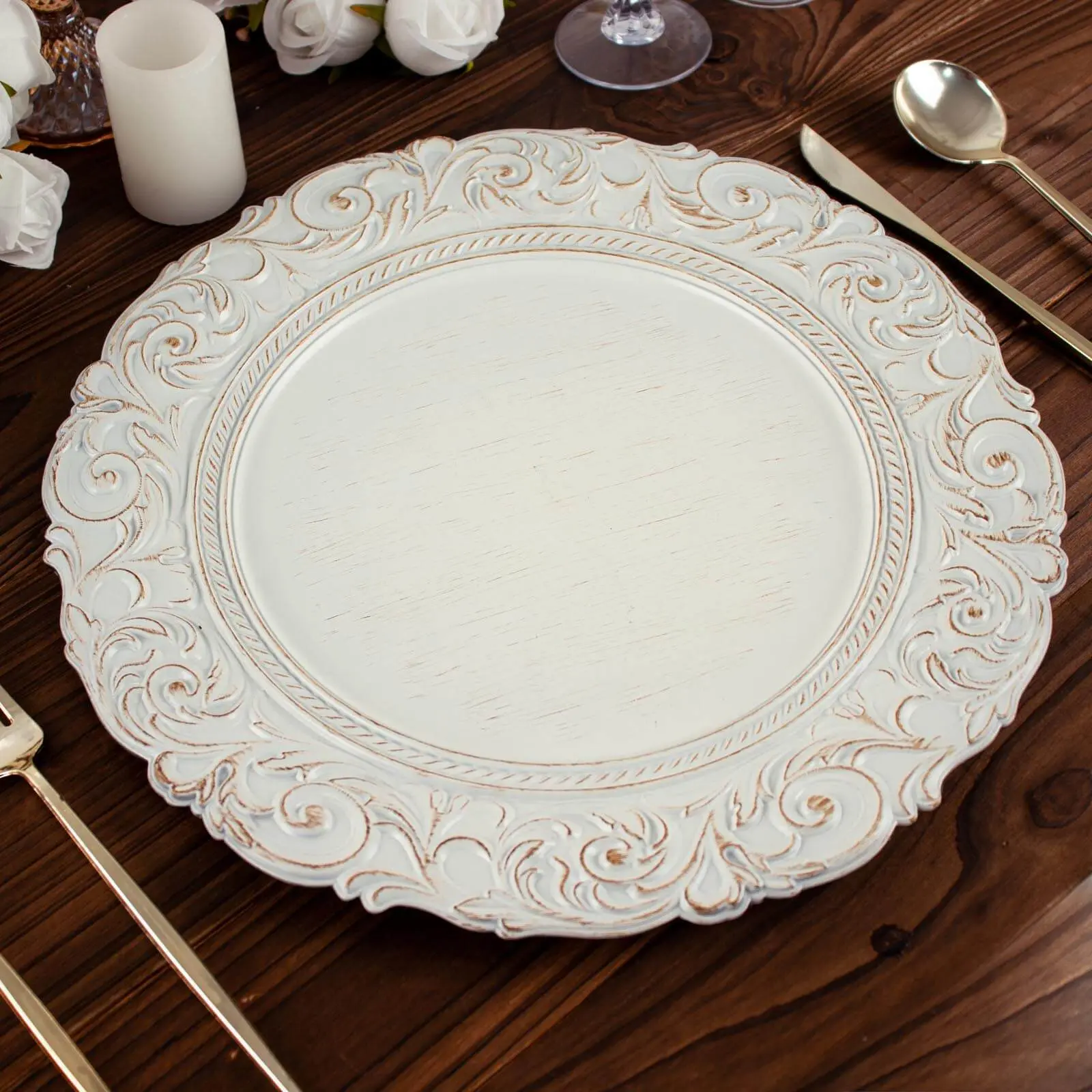 6-Pack Disposable Acrylic Round Charger Plates, 14 in Antique White with Gold Engraved Rim, Baroque Vintage Decorative Plates for Formal Events, Six-Pack