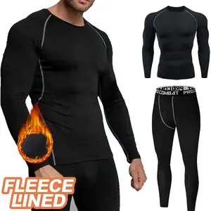 Men's Thermal Underwear Set, Fleece Lined Thick Warm Base Layer Top And Bottom, Solid Color Long Sleeve Crew Neck Shirt And Pants Winter Warm Underwear Activewear Compression