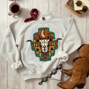 Boho Bull Skull Shirt, Women's Country Shirt, Cowboy Rodeo Sweatshirt, Cowgirl T-shirt, Country Hoodie, Cowskull Shirt