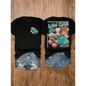 Wild Card Cowgirl Graphic Tee Vintage Western Casino Cards Dice And 8 Ball Print Oversized Soft Short Sleeve Crewneck Shirt For Women Cute Streetwear Outfit
