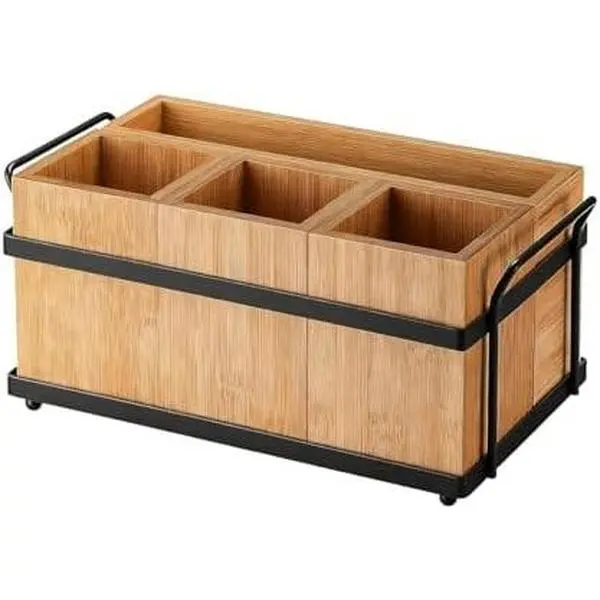 Bamboo Utensil Holder Organizer, 4 Detachable Compartments, Metal Tray for Silverware Spoons