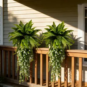 4pcs High-Quality Artificial Greenery Set, Tea Flower Wall Hanging & Boston Fern, Artificial Hanging Plant, Outdoor Wedding Garden Decor, No Maintenance Needed