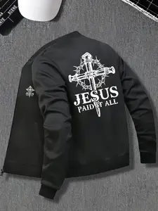 Men's Jesus Paid Pattern Zipper Jacket, Cross & Thorns Design Stand Collar Casual Sport Coat, Fall Winter Lightweight Outerwear, Fitted, Casual Fitted Jackets