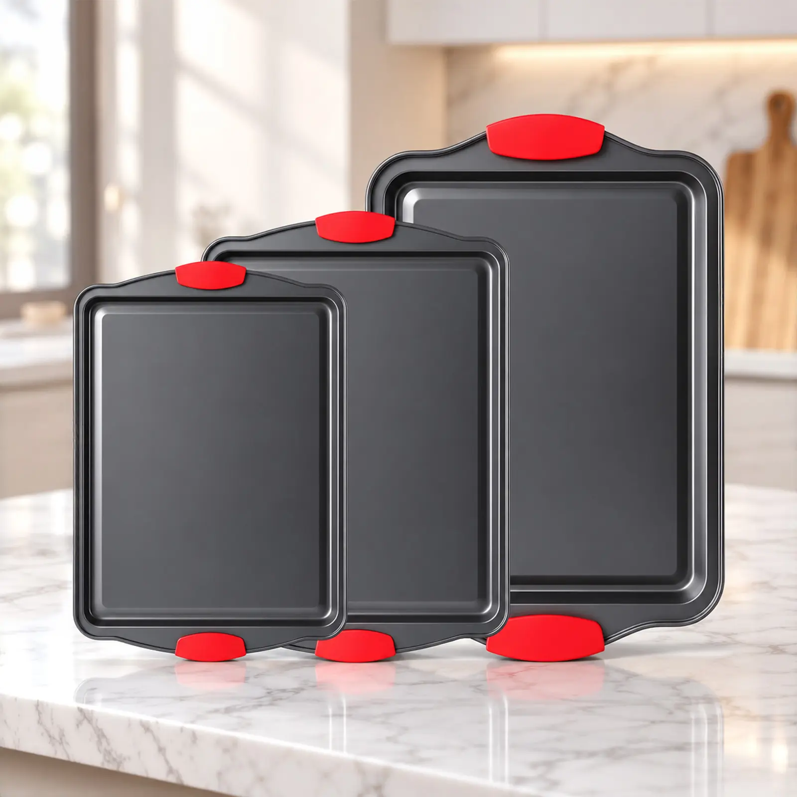 3 Pack Nonstick Baking Sheet Set with Silicone Handles, Heavy-Duty Carbon Steel Cookie Sheets, Oven Safe Bakeware, Dishwasher Friendly, BPA & PFOA Free Black Baking Trays