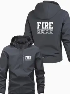 Firefighter Hooded Casual Long Sleeve Jacket, Fire Rescue Zipper Coat, Large Letter Design, All-Season Windproof Outdoor Clothing