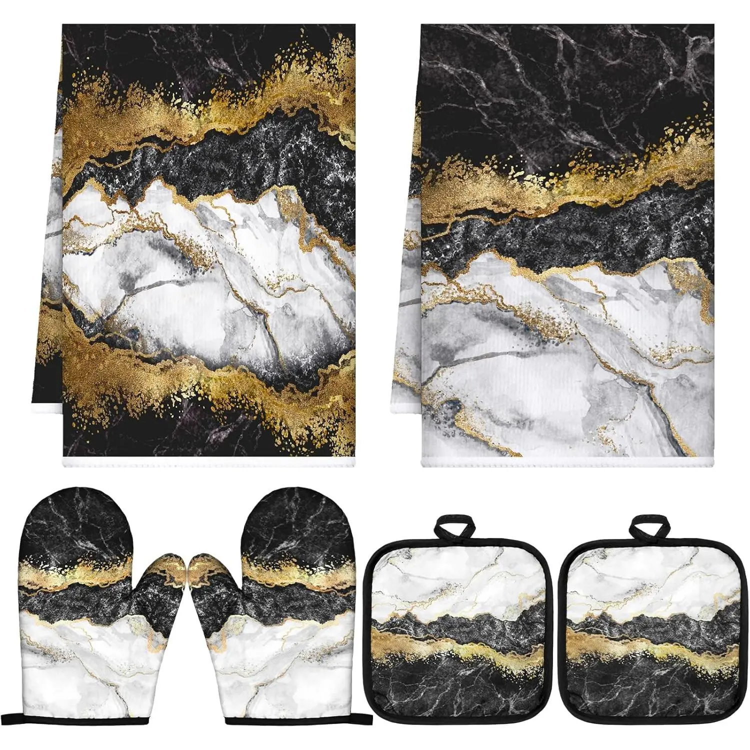 6 Pcs Farmhouse Marble Kitchen Towels Pot Holders Oven Mitts Set 2 Dish Towels 2 Potholders 2 Cooking Oven Gloves for Cooking Baking Grilling (Black, Gold)