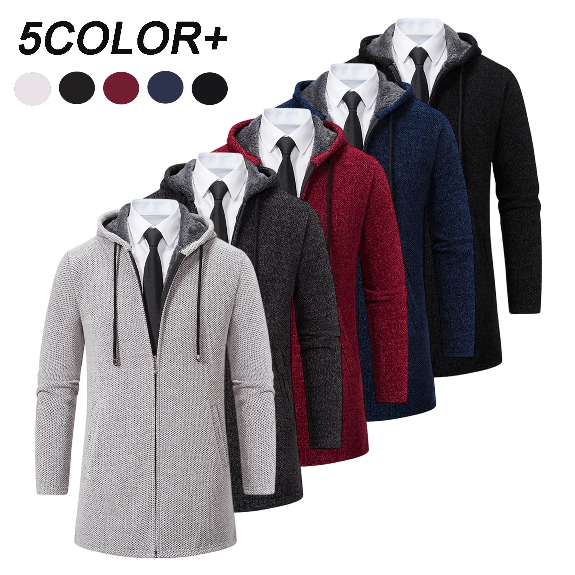 Men’s textured knit mid-length hooded jacket with a fleece-lined, thicker interior, zip closure, adjustable drawstring hood, side pockets, and a loose, straight-cut long-sleeve fit.Knit fabric is soft and comfortable, locks in warmth and keeps you warm, a