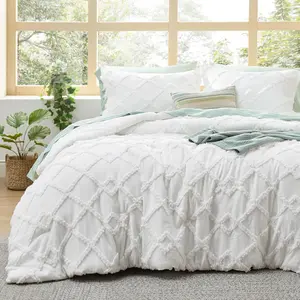 Boho Comforter King - White Tufted King Size Comforter, 3 Farmhouse Embroidery, Fluffy Geometric Pattern for Seasons