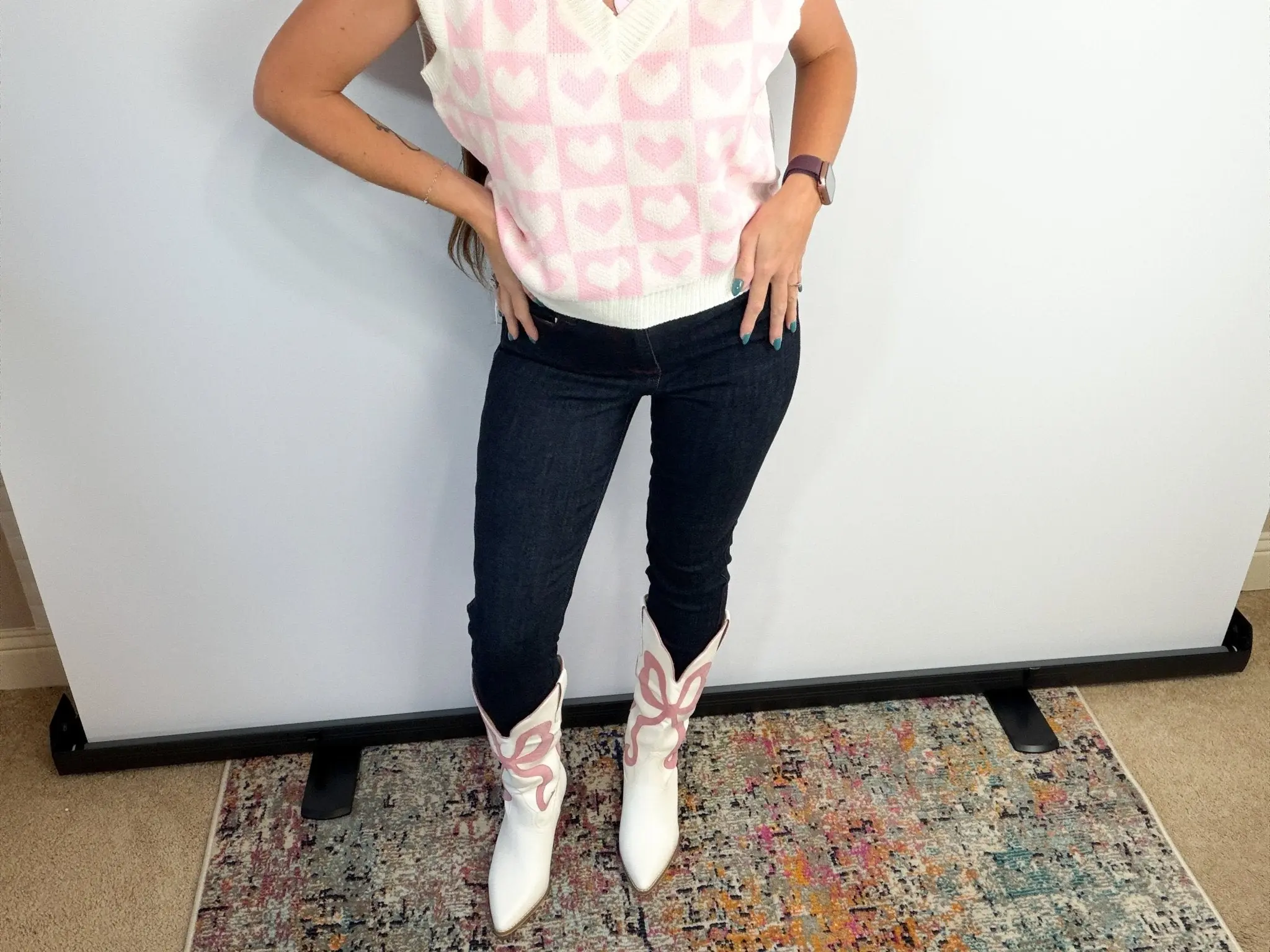 Women's Western Cowboy Boots - Coquette Pink Ribbon, Chic White Bow, Fashionable Shoe for Watch Party, Footwear, Western Ootd, Coquette Aesthetic, Cowboy Aesthetic, Ribbon Bows, Watch Parties, Ribbon Accents