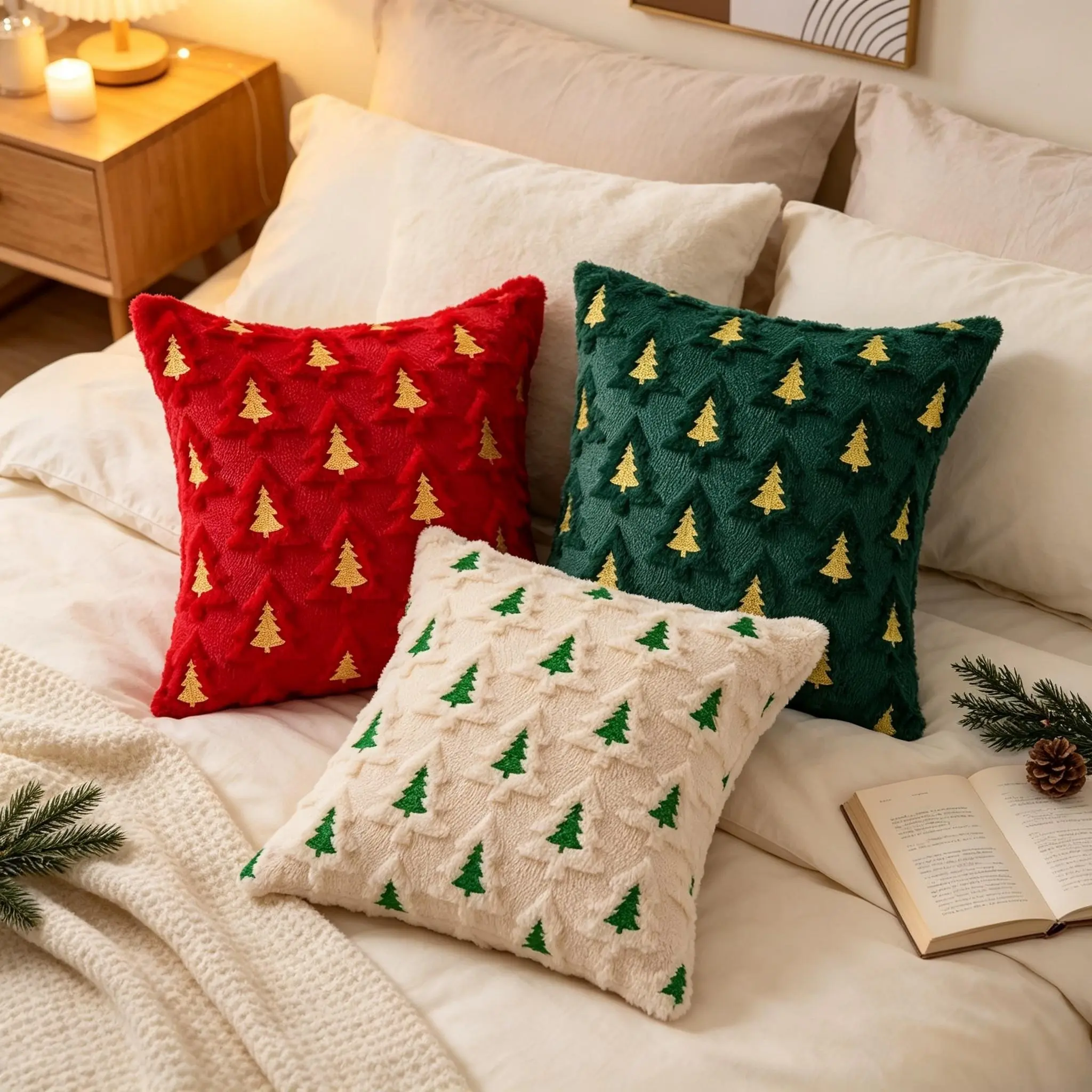 Christmas Pillow Cover Christmas Decoration 18x18  Set of 2  Double Layer Christmas Tree Pattern  Soft Plush Christmas Cushion Cover Suitable for Christmas and Winter Decor