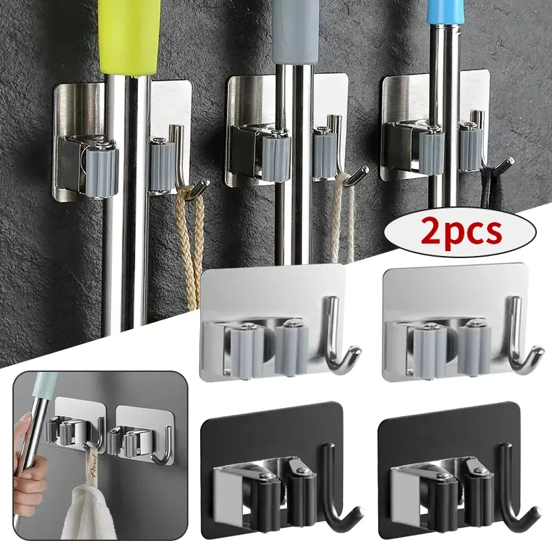 2pcs mops clip with hooks, broom clips, no punching required wall mounted fixing buckles, mop storage, used in kitchens and bathrooms
