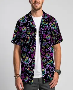 Unisex Y2K Streetwear Summer Top Gengar Hawaiian Shirt Tropical Button Up Shirt Summer Beach Short Neon Ghost Pattern Matching Set Unisex Outfit Gengar Shirt Gifts