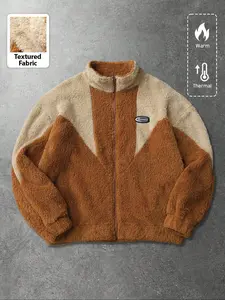 Men's Fall/winter Casual Fuzzy Sherpa Fleece Letter Print Jacket, Trendy Warm Coat for Cold Weather, Fashionable Graphic Design for Stylish Men