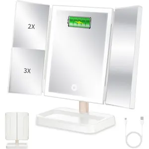 Portable LED Travel Makeup Mirror, Rechargeable Trifold Cosmetic Mirror with 78 LED Lights, 3-Sided Mirror with Magnification, Touch Control, 3-Color Illumination, Adjustable Brightness springtok
