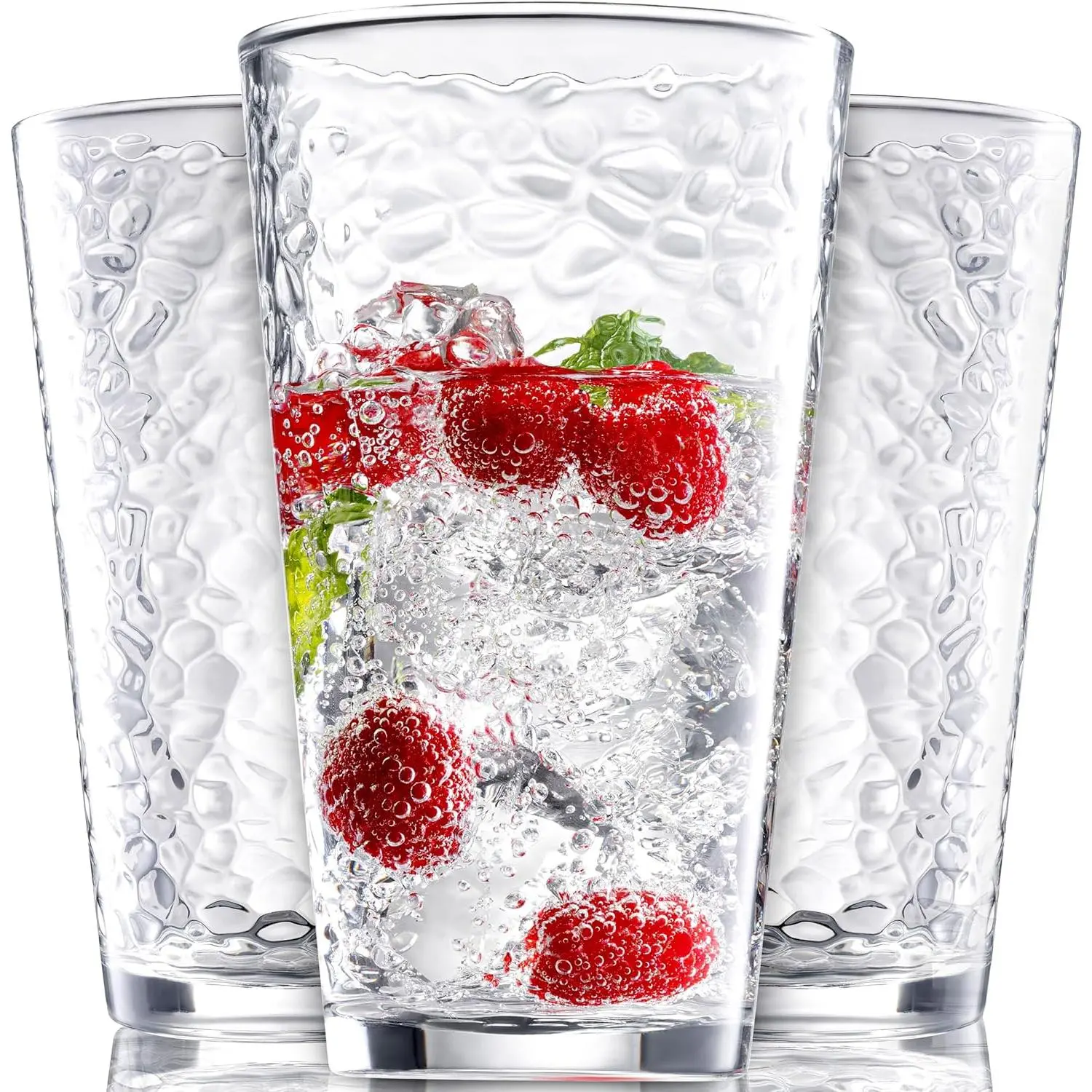 Set of 10 Hammered Glass Cups, 16oz. Dishwasher Safe  Drinking Glasses - Clear Heavy Base Stemmed Water Glasses, Tall  Glasses, Bar Glass, Juice, Iced , Margarita, & Everyday Drinks.