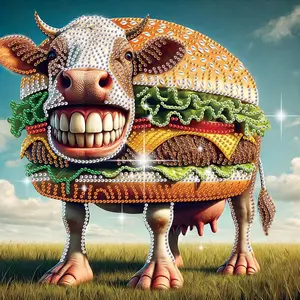 Diamond Halloween Painting Kits for Adults, DIY Hamburger Cattle Designs Diamond Art Special Shape Diamond Partial Mosaic Craft Kits, Home Wall Painting Decor Art Gift（11.8*11.8in）